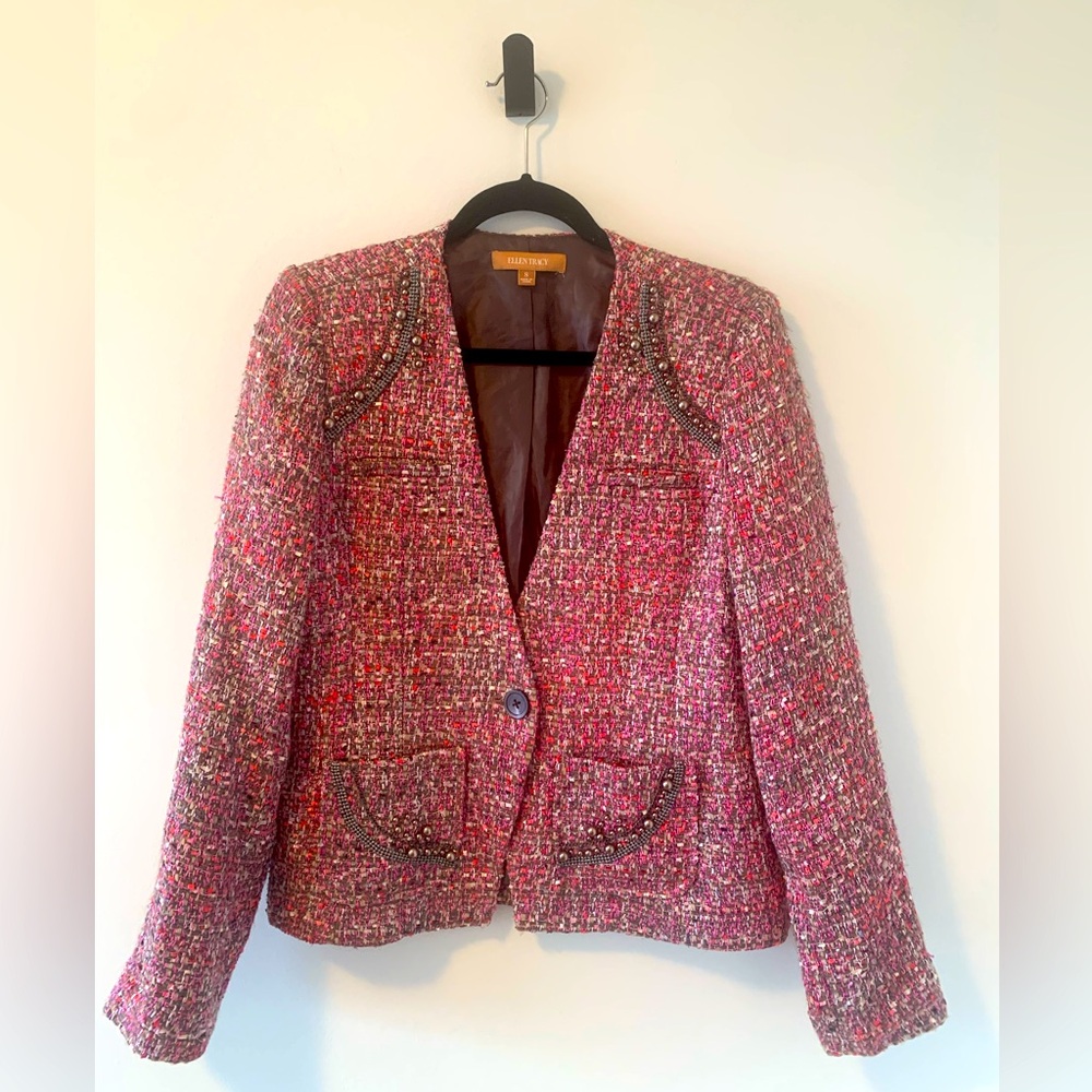 Ellen Tracy Pink Tweed Women's Jacket with Bead Detail Size 8